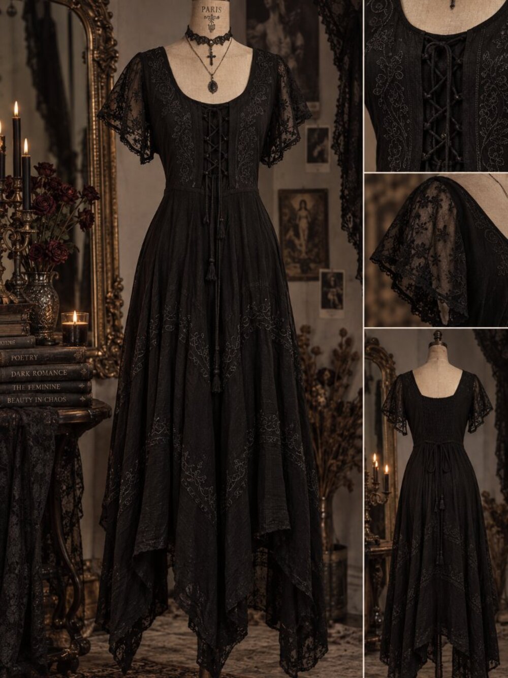 Sakkas Black Embroidered Fairycore Maxi Dress S/M NWT Boho Gothic Lace
